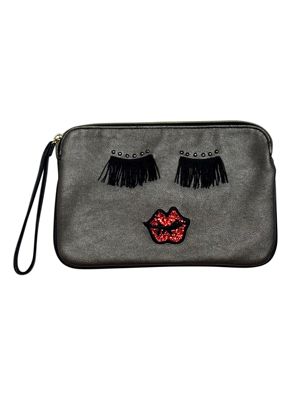 Betsey Johnson Fancy Face Metallic Silver Fringe & Sequin Wristlet Clutch